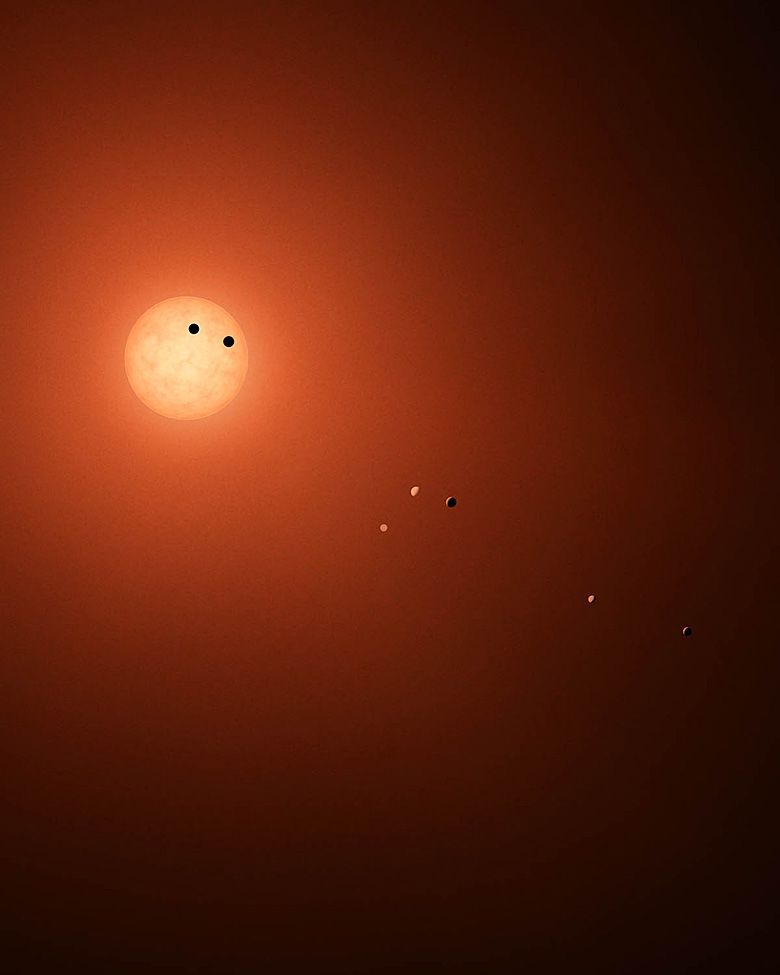 Siedem planet (niektóre być może podobne do Ziemi) wokół czerwonego karła TRAPPIST-1 w gwiazdozbiorze Wodnika.