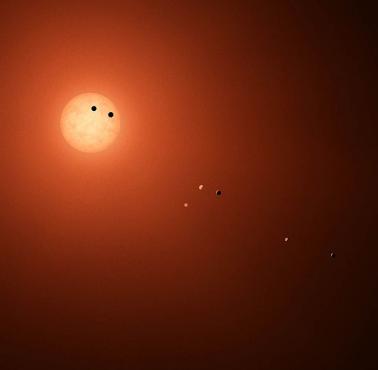 Siedem planet (niektóre być może podobne do Ziemi) wokół czerwonego karła TRAPPIST-1 w gwiazdozbiorze Wodnika.