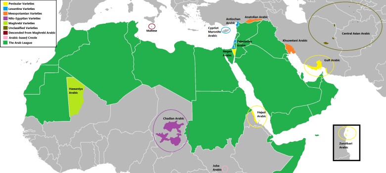 Mapa wszystkich odmian języka arabskiego poza państwami członkowskimi Ligi Arabskiej