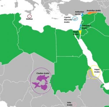 Mapa wszystkich odmian języka arabskiego poza państwami członkowskimi Ligi Arabskiej