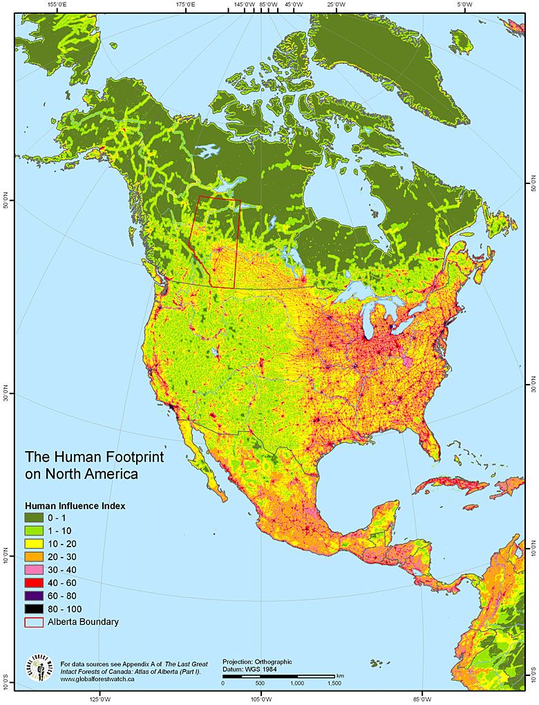 Stopień zurbanizowania Ameryki Północnej na podstawie ludzkich śladów.