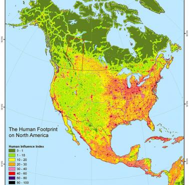 Stopień zurbanizowania Ameryki Północnej na podstawie ludzkich śladów.