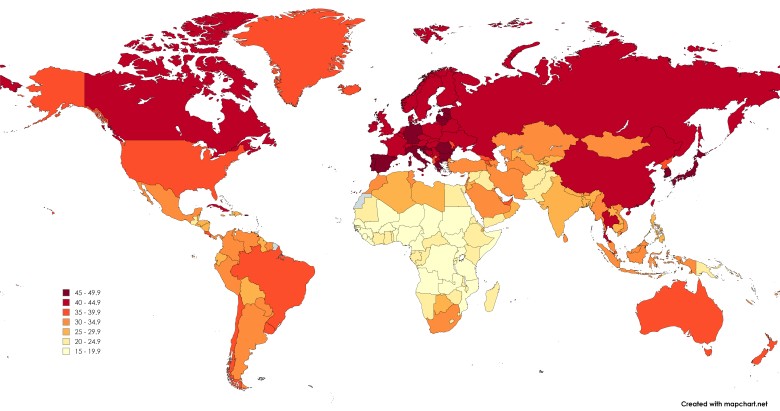 Mediana wieku w poszczególnych państwach świata, The World Factbook - CIA, 2024