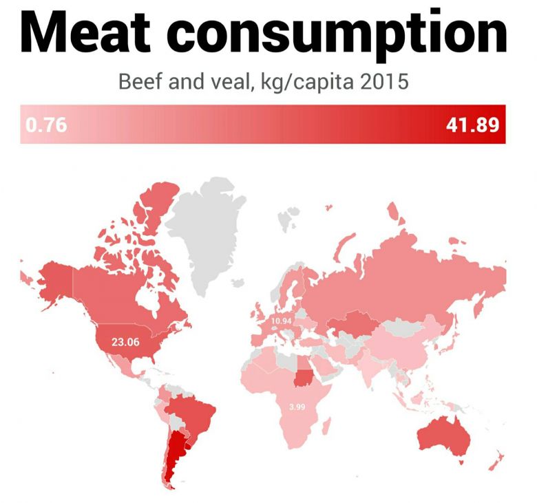 Konsumpcja mięsa na świecie na osobę, 2015