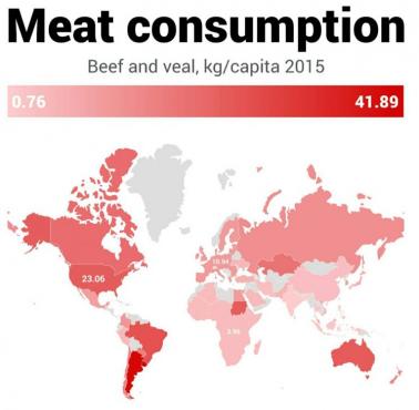 Konsumpcja mięsa na świecie na osobę, 2015