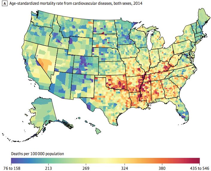 Mapa umieralności z powodu chorób układu krążenia w USA (dane 2014)