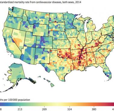 Mapa umieralności z powodu chorób układu krążenia w USA (dane 2014)