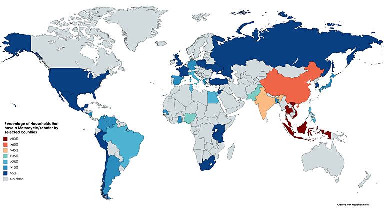 Odsetek motorowerów i skuterów na gospodarstwo domowe w różnych krajach świata (dane 2014)