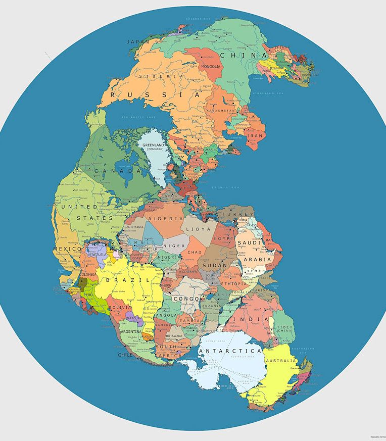 Pangea 200-300 mln lat temu z naniesionymi współczesnymi państwami