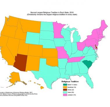 Druga religia pod względem popularności w poszczególnych stanach USA, 2010