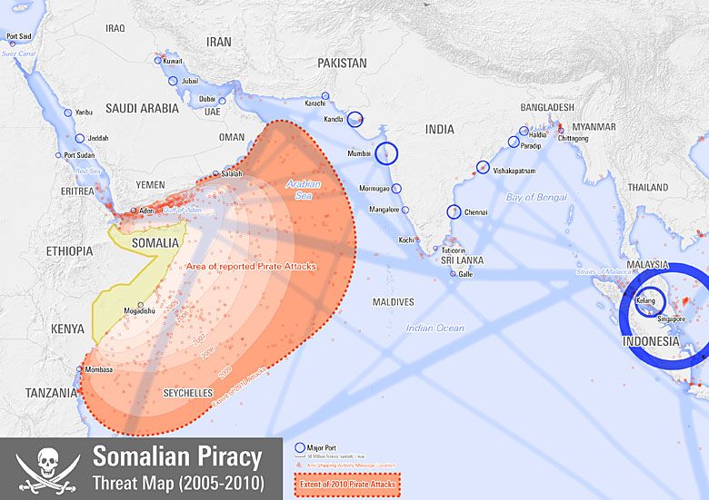 Obszar działania somalijskich piratów w latach 2005-10