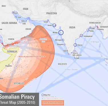 Obszar działania somalijskich piratów w latach 2005-10