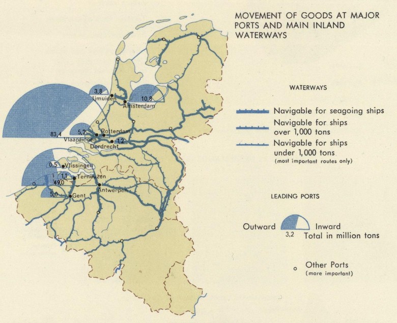 Śródlądowe drogi wodne i główne porty w krajach Beneluksu (lata 60. XX wieku), 1967