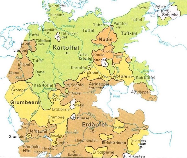 Słowo ziemniak w różnych niemieckich dialektach, mapa z 1945 roku.