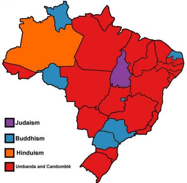 Druga religia pod względem popularności w poszczególnych stanach Brazylii
