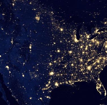 Mapa nocnego światła - najbardziej zurbanizowane obszary USA, Meksyku i Kanady