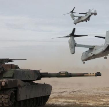 M1 Abrams w akcji, w tle Bell-Boeing V-22 Osprey