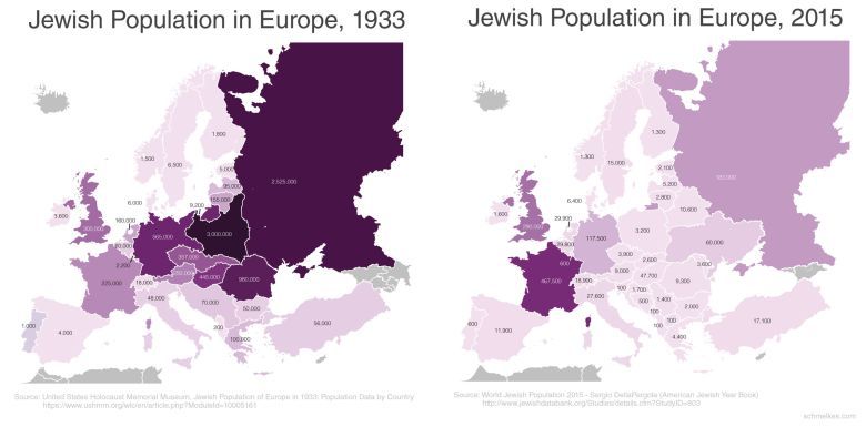 Populacja Żydów w Europie - w 1933 i 2015 roku