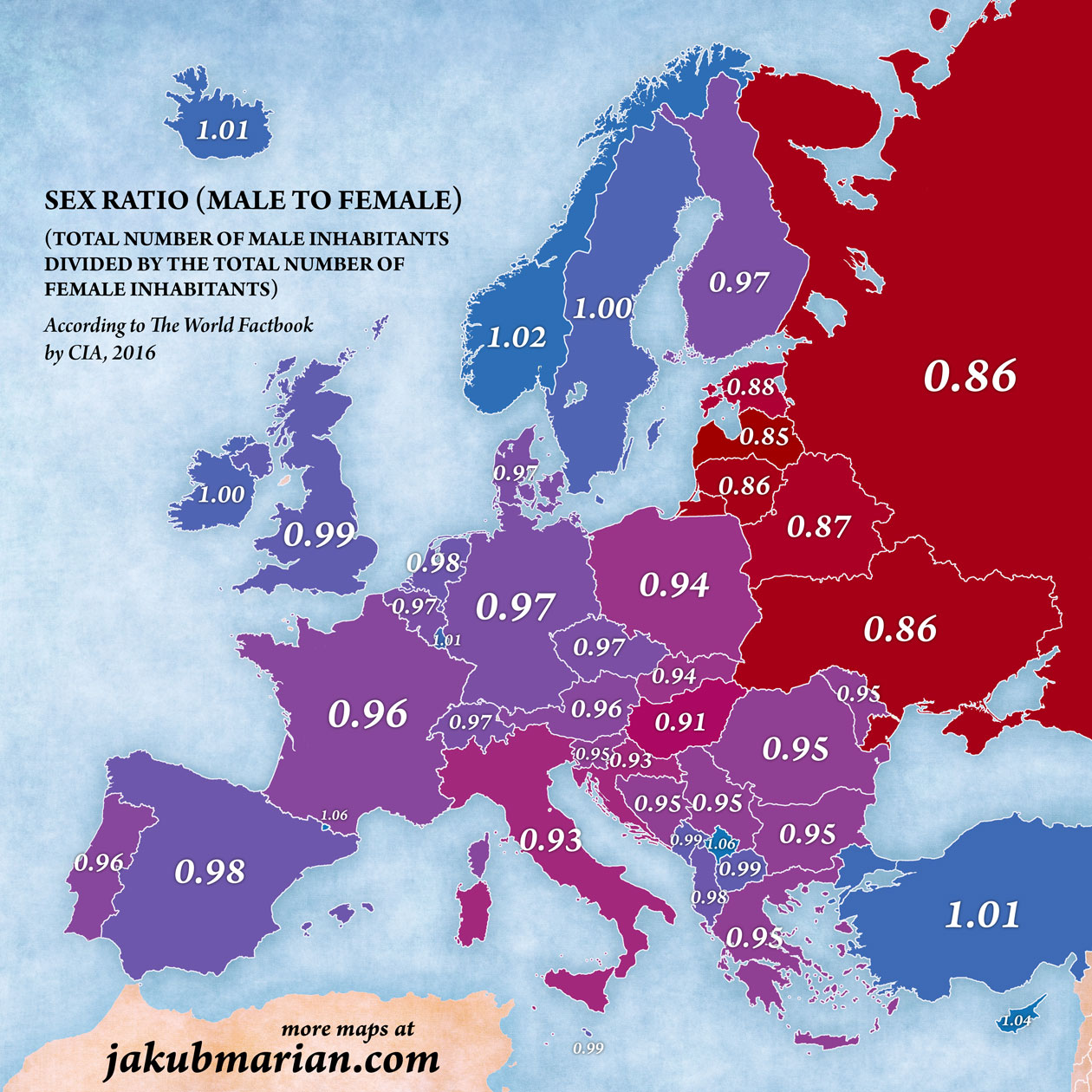 Proporcja mężczyzn do kobiet, Europa, 2016