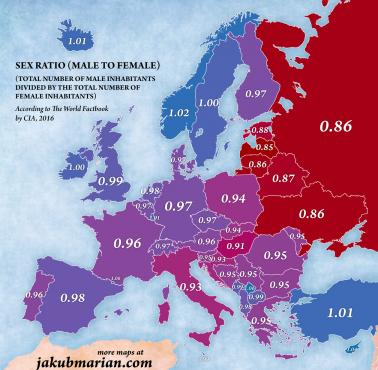 Proporcja mężczyzn do kobiet, Europa, 2016