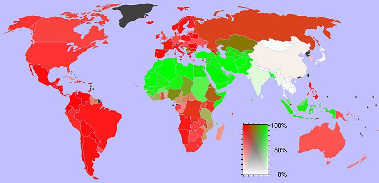 Mapa świata uwzględniająca proporcję chrześcijan (czerwony) i wyznawców islamu (zielony) od 2006 roku