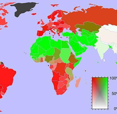 Mapa świata uwzględniająca proporcję chrześcijan (czerwony) i wyznawców islamu (zielony) od 2006 roku