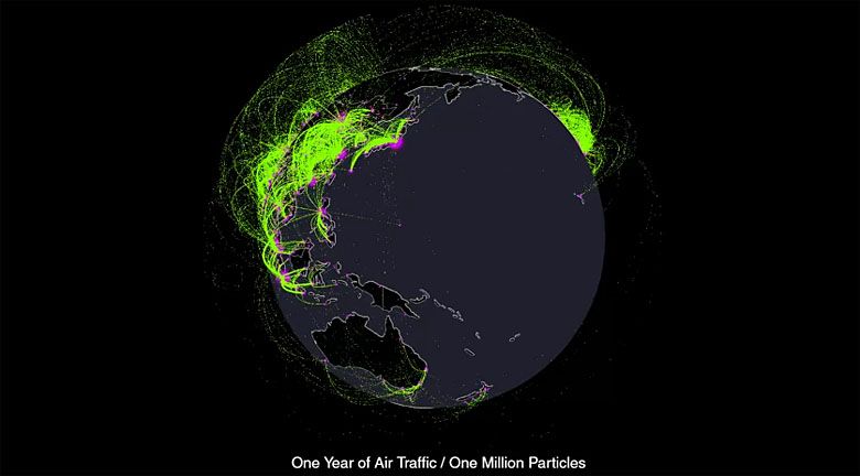 Natężenie ruchu lotniczego na świecie w trakcie całego roku (animacja).