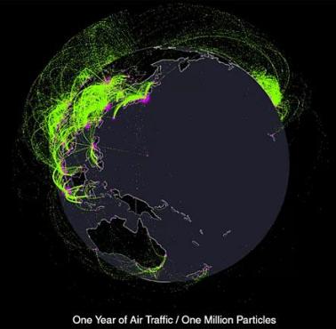 Natężenie ruchu lotniczego na świecie w trakcie całego roku (animacja).