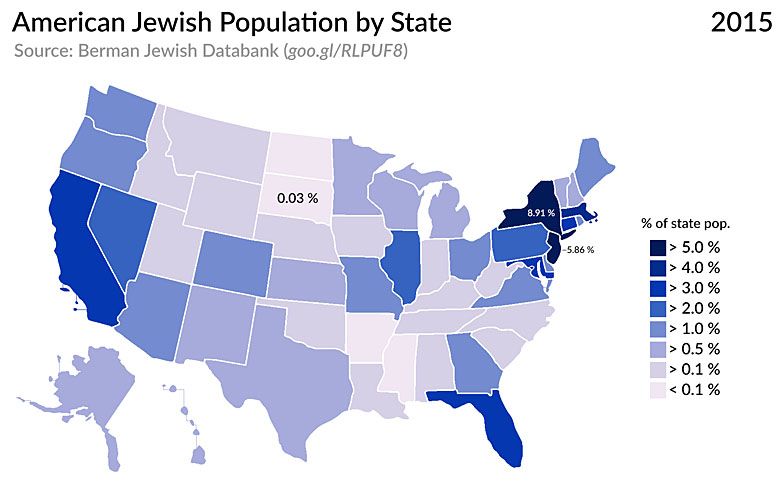 Procent Żydów w poszczególnych stanach USA, 2015