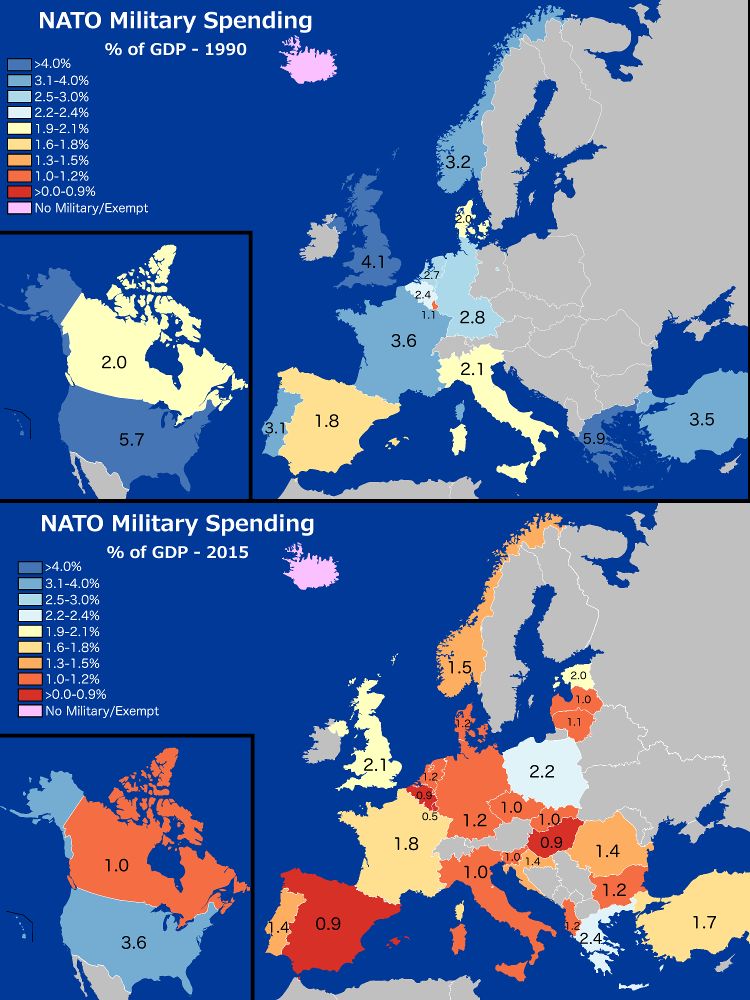 Wydatki na wojsko państw NATO w 1990 roku i 2015