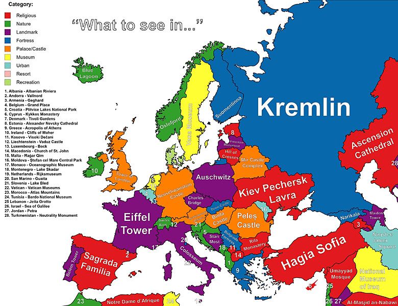 Największe atrakcje turystyczne w poszczególnych krajach Europy według zapytań Googla