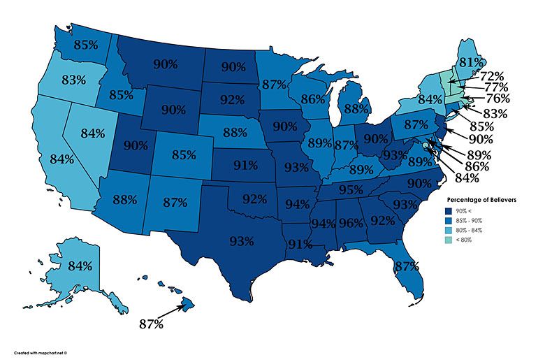 Procent wierzących w poszczególnych stanach USA