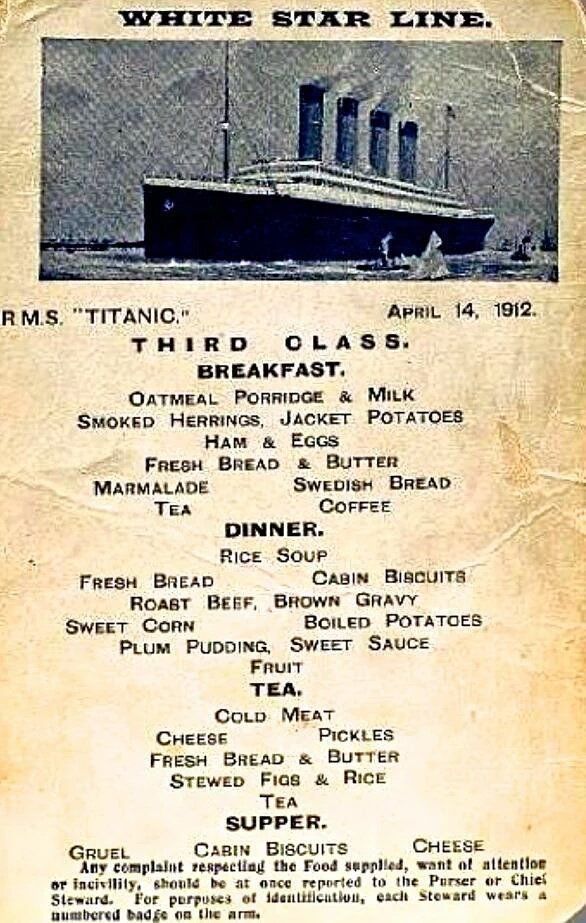 Menu pasażerów trzeciej klasy na statku RMS Titanic