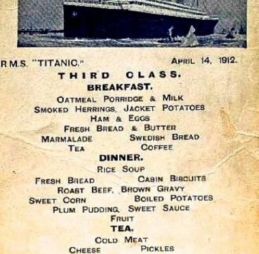 Menu pasażerów trzeciej klasy na statku RMS Titanic