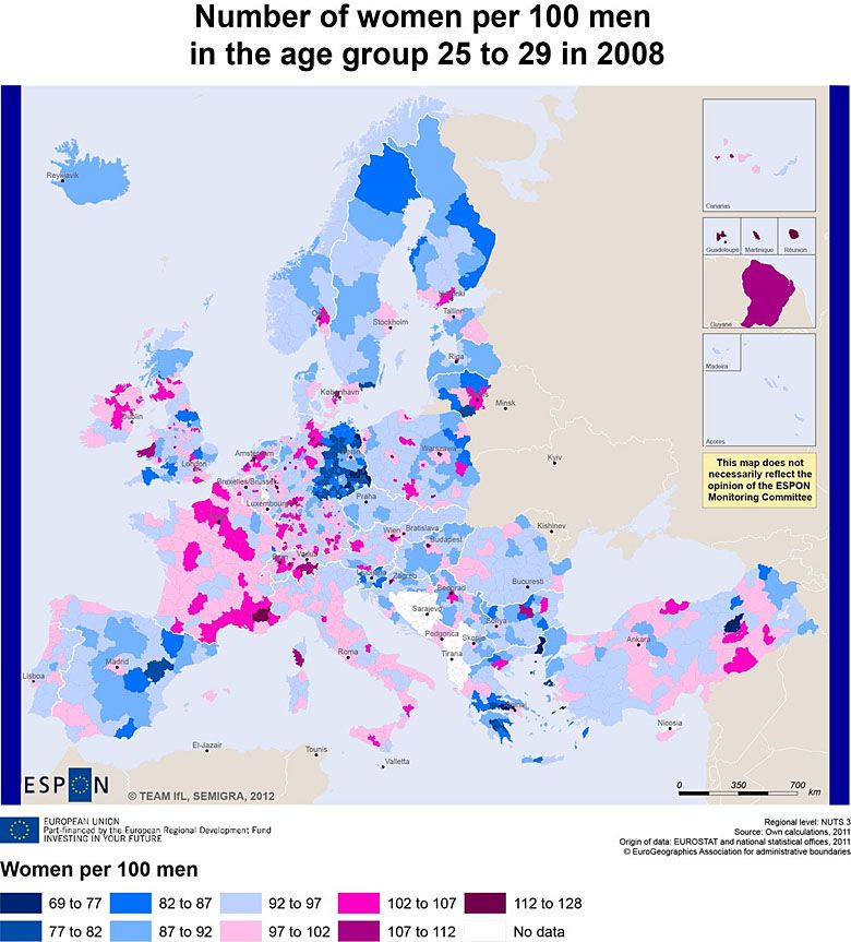 Proporcja mężczyzn do kobiet w poszczególnych państwach Europy (wiek 25-29, dane 2008)