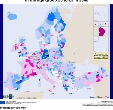 Proporcja mężczyzn do kobiet w poszczególnych państwach Europy (wiek 25-29, dane 2008)