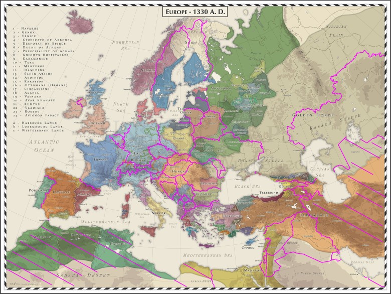 Europa w 1330 roku z granicami współczesnymi