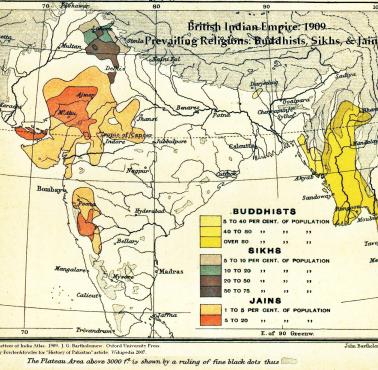 Odsetek sikhów, buddystów i wyznawców dżinizmu w brytyjskich Indiach w 1909 roku