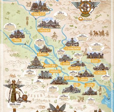Ilustrowana mapa Mezopotamii, z miastami-państwami, bogami