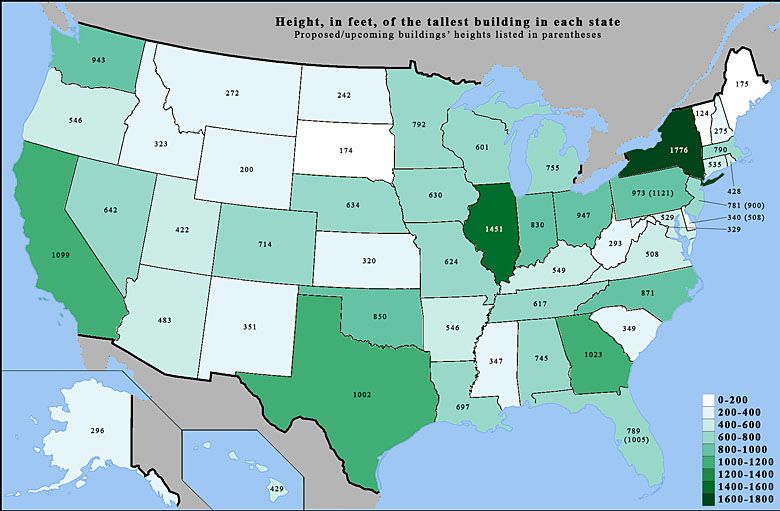 Najwyższe budynki w USA z podziałem na stany