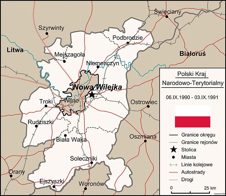 Mapa obszaru Polskiego Kraju Narodowo-Terytorialnego na Litwie z 1990-91 roku