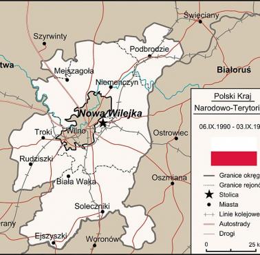 Mapa obszaru Polskiego Kraju Narodowo-Terytorialnego na Litwie z 1990-91 roku