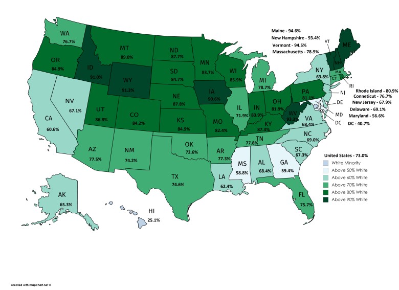 Procent białych mieszkańców w poszczególnych stanach USA, 2013-2017