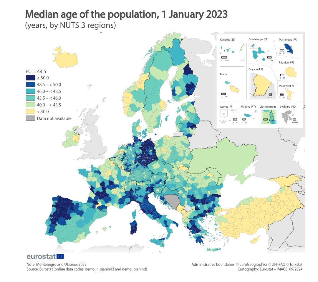 Mediana wieku w poszczególnych europejskich państwach, 2023