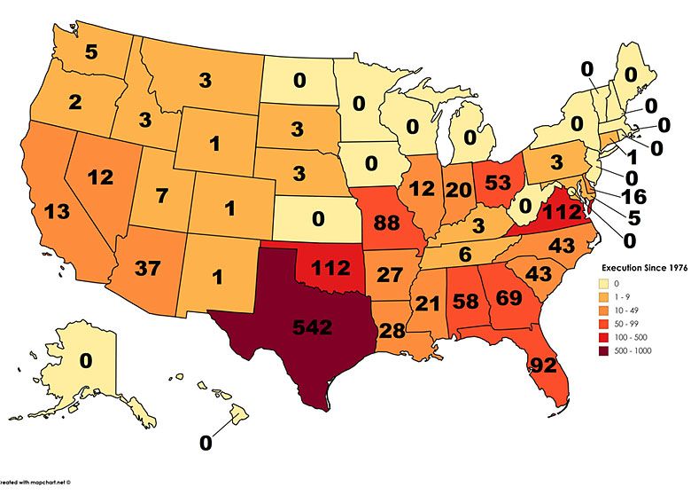 Wykonane egzekucje od 1976 roku z podziałem na stany w USA