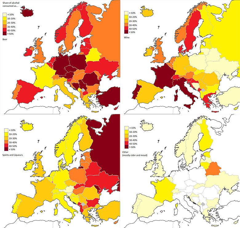 Popularność różnych alkoholi w krajach europejskich