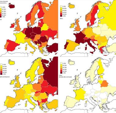 Popularność różnych alkoholi w krajach europejskich