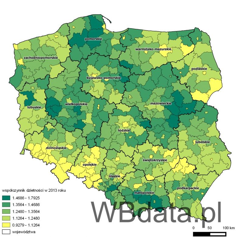 Dzietność w poszczególnych powiatach w Polsce (dane za 2013 rok)