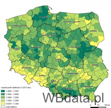 Dzietność w poszczególnych powiatach w Polsce (dane za 2013 rok)