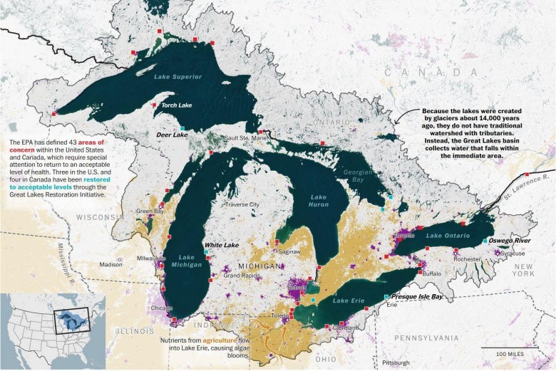 Mapa przedstawiająca źródła zanieczyszczeń Wielkich Jezior w USA